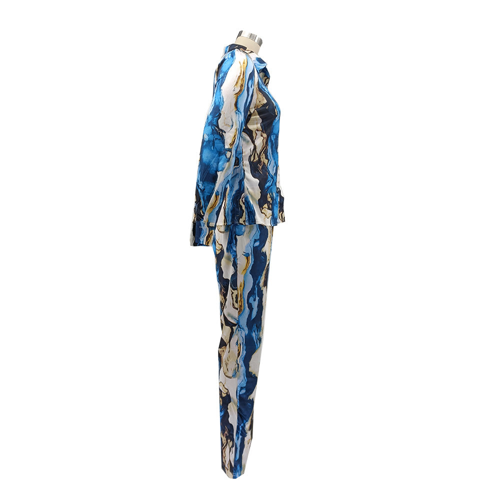 Glossy Irregular Printed Women's Shirt Pencil Pants Two Piece Set 15