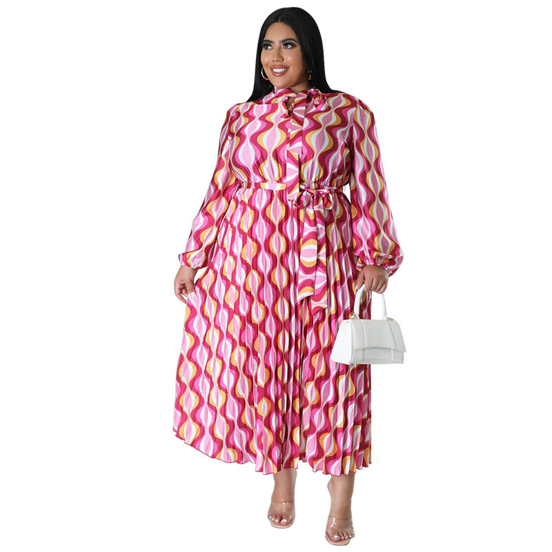 Plus Size Women Lace-Up Long Sleeve Printed Pleated Dress 4