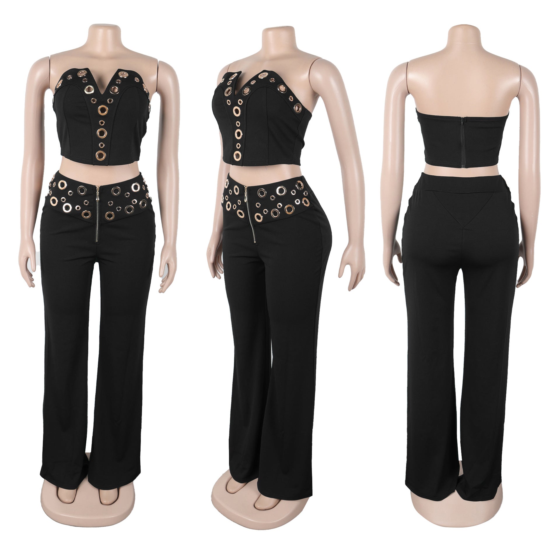 Women elegant elastic metal buckle decorated V-neck Top and Pants two-piece set 39