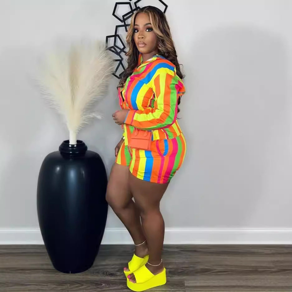 Women Popular Stripe Top and Shorts Casual Two-piece Set 5