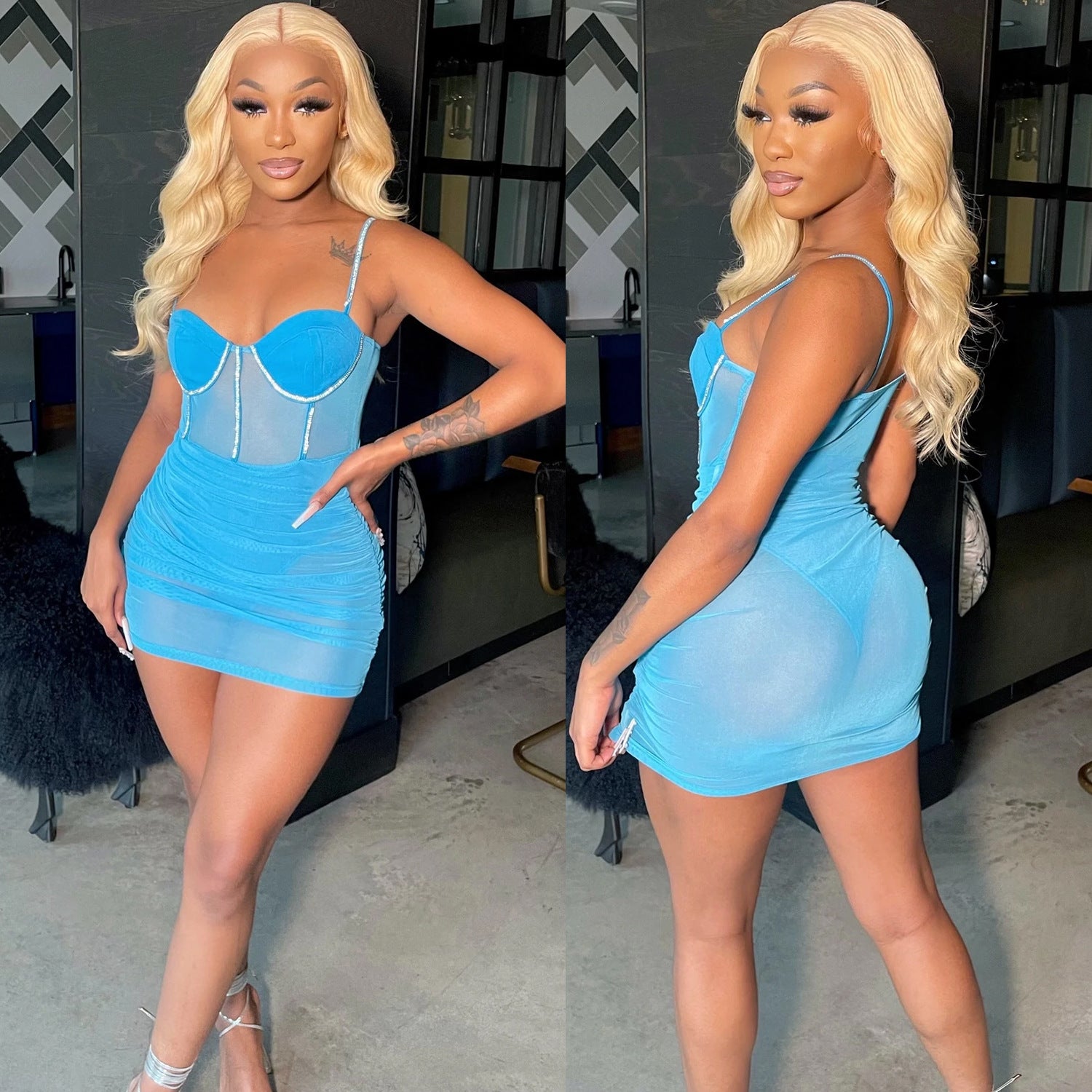 Summer Women's Sexy Tight Fitting Mesh See-Through Diamond Strap Dress 3