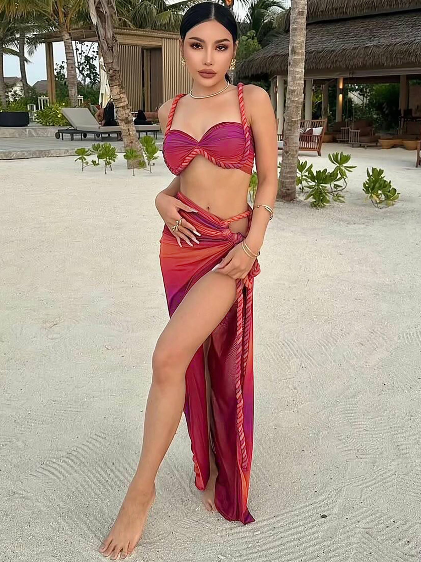 Women's Summer Fashion Sexy Strap Camisole Side Slit Skirt Set 6