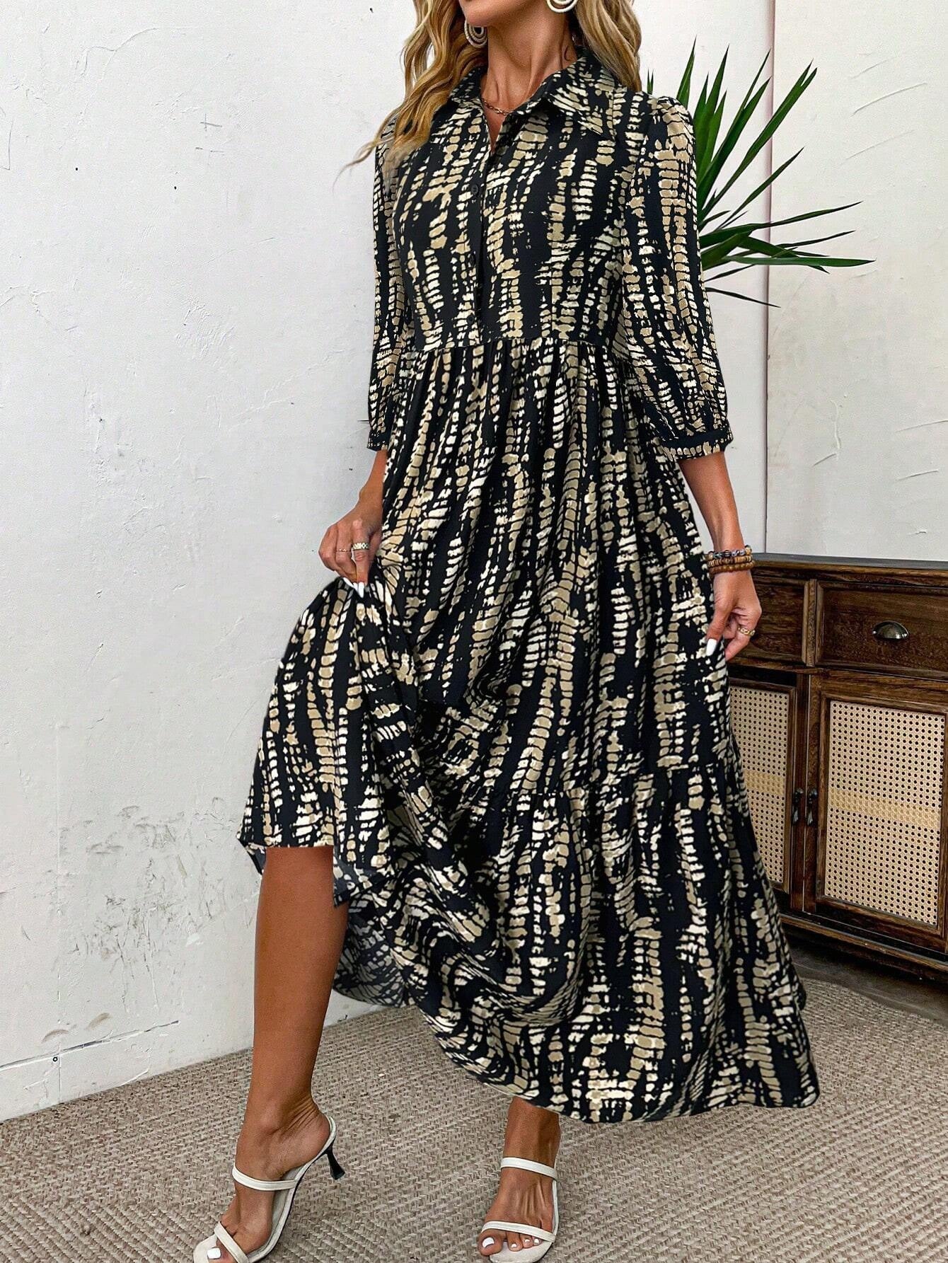 Printed Slim Waist Turndown Collar Long Sleeve Button Dress 5