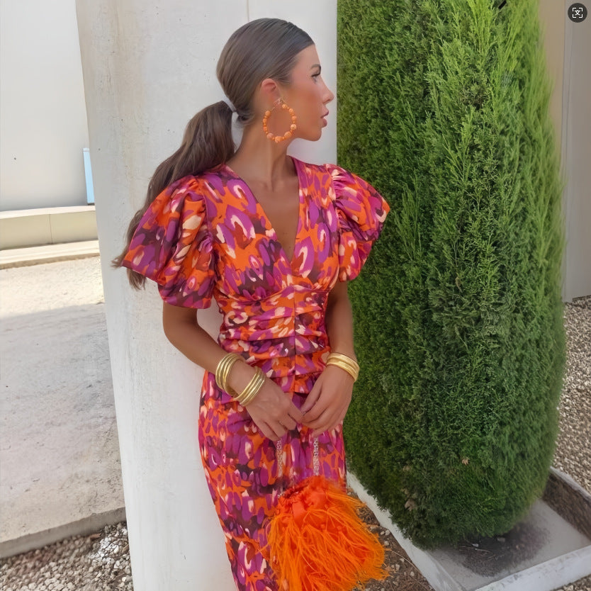 Printed V-Neck Slim Waist Puff Sleeve Bodycon Dress 5