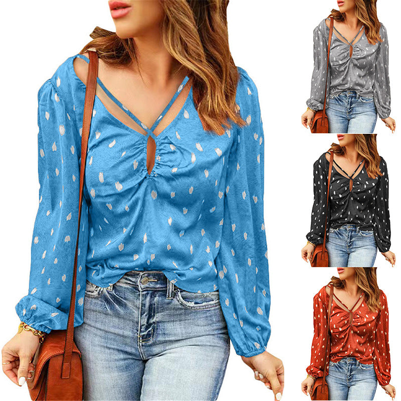 Women'S Fall Polka Dot Printed Shirt V-Neck Cross Drawstring Print Puff Sleeve Top