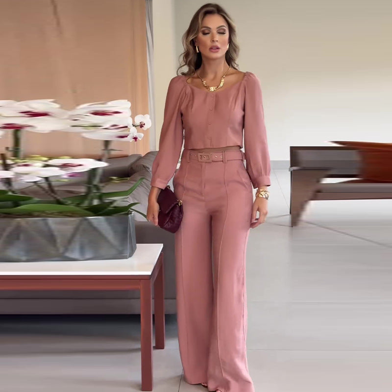 Women Summer Solid Retro Square Neck Top and Pants Two-piece Set 5