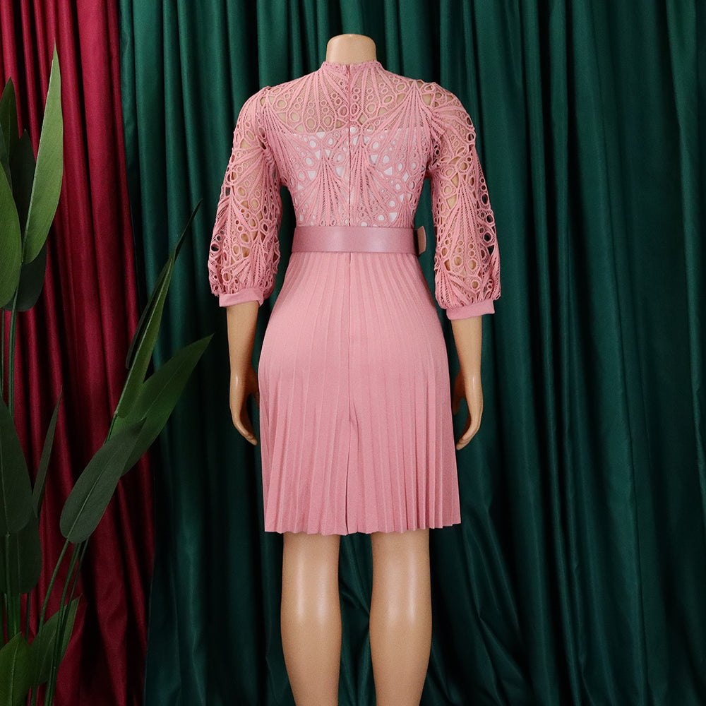 Women'S Chic Solid Color Lace Crochet Cutout Pleated Dress 23