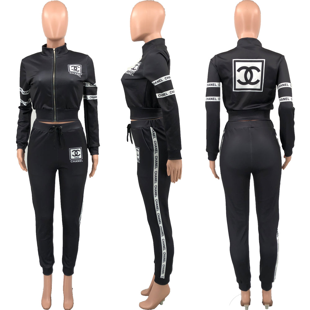 Women's Winter Chic Trendy Print Pants Long Sleeve Zipper Coat Set 24