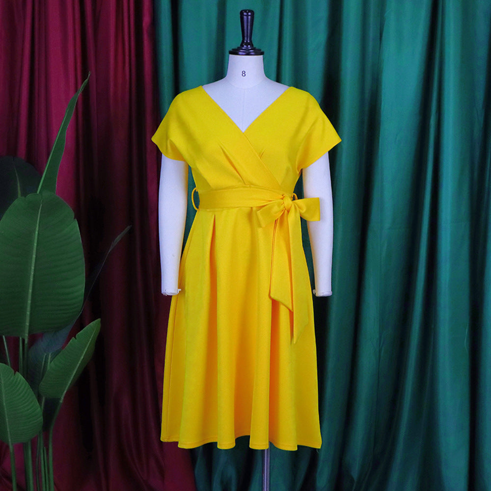 Summer V-Neck Solid Color Slim Waist Bow Lace-Up A-Line Dress 28