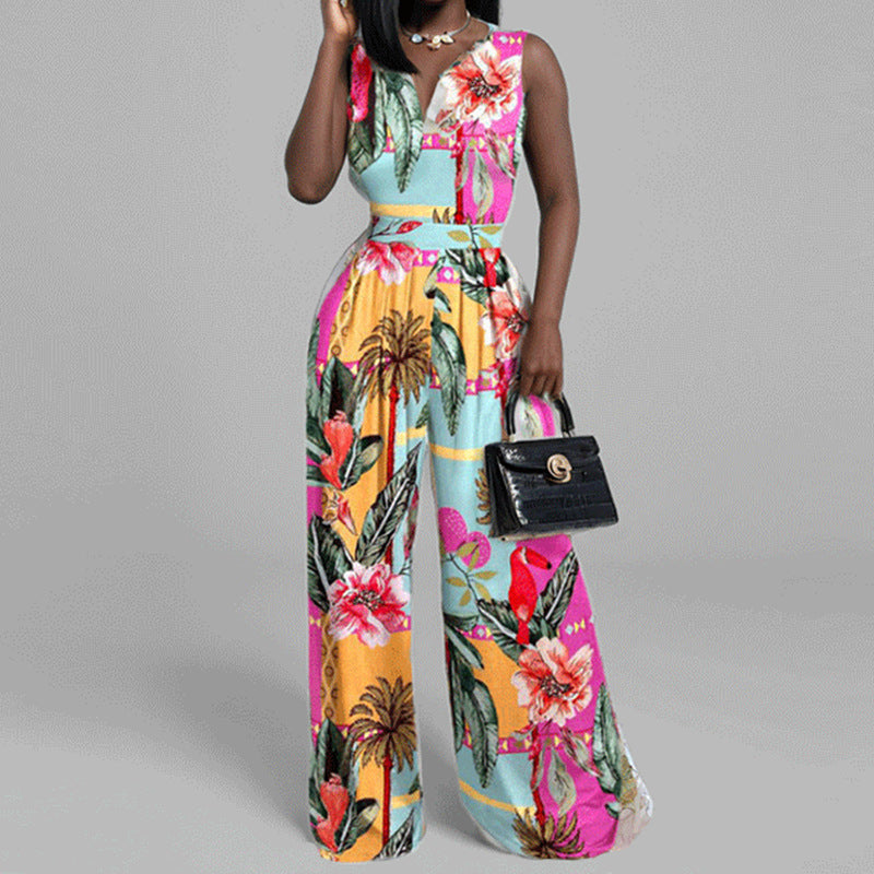 Fashion Print Women Chic Casual Slim Sleeveless Wide Leg Jumpsuit 12