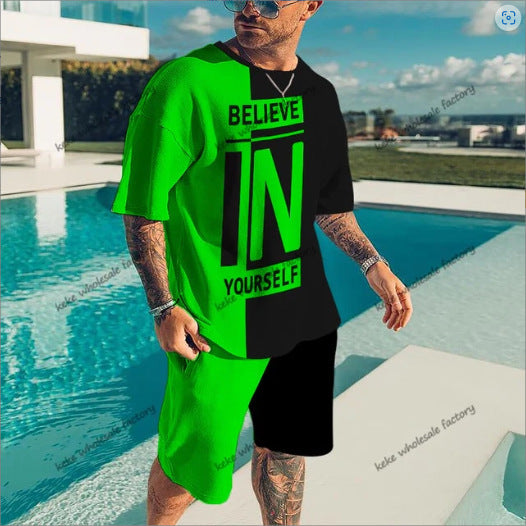 Men's Casual Colorblock Print Short Sleeve T-Shirt and Shorts Two-Piece Set 43