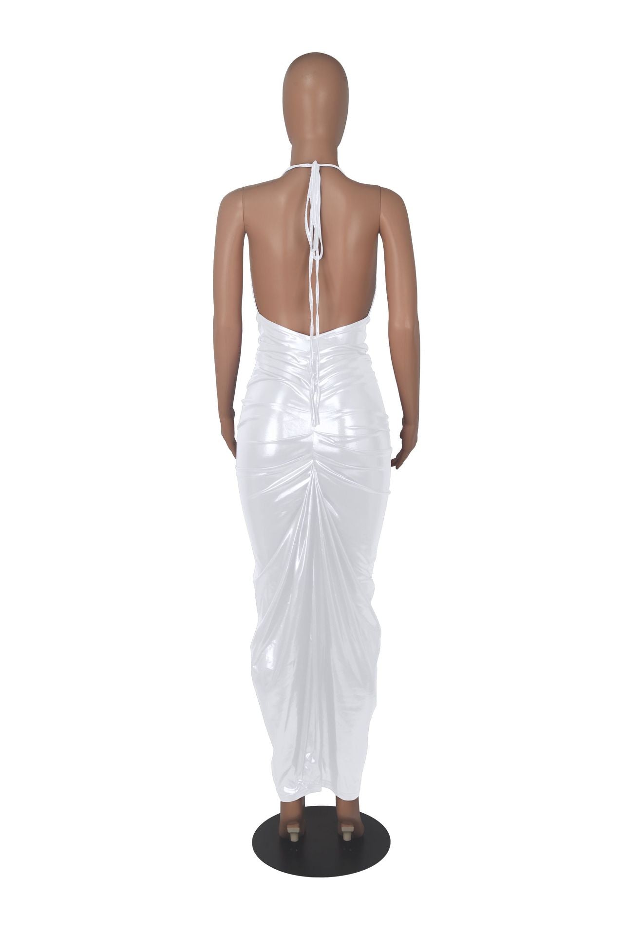 Spring Summer Chic Dress Solid Color Deep v Halter Neck Pleated Sexy Bodycon Dress 23