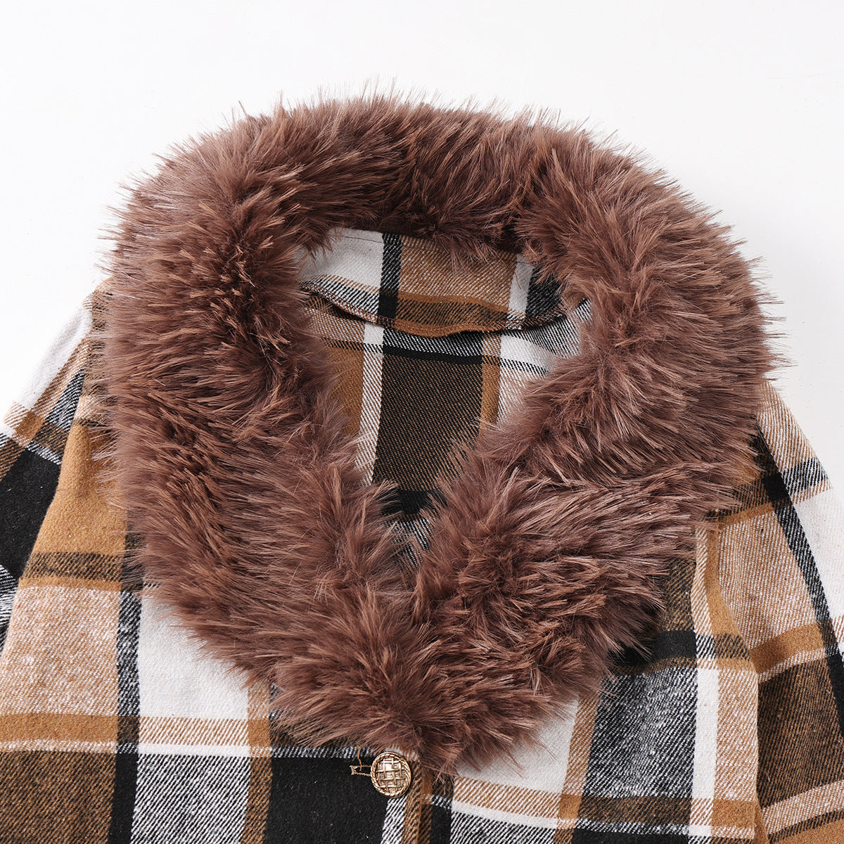 Women Contrast Plaid Patchwork fleece Turndown Collar Loose belt Slim Waist Chic Long Coat 6