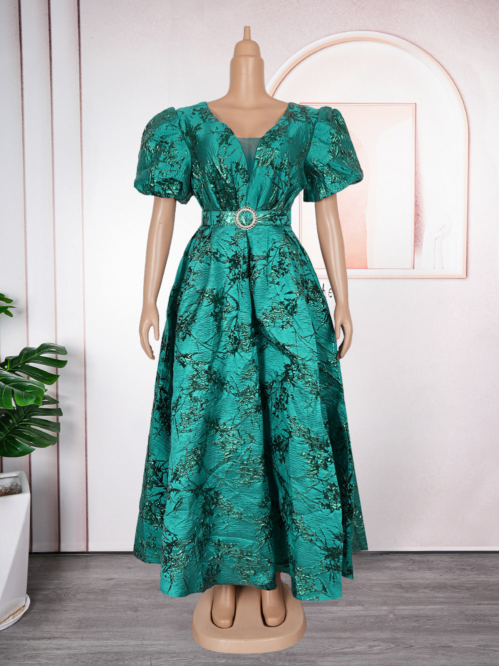 Chic Plus Size Dress Women Africa Mesh V-Neck Party Gown with Belt 9