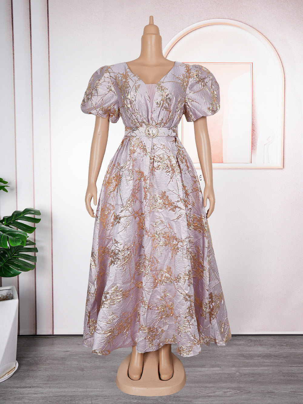 Chic Plus Size Dress Women Africa Mesh V-Neck Party Gown with Belt 7