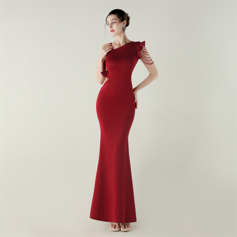 Women satin one-shoulder beaded Formal Party hollow ruffle fishtail evening dress 6