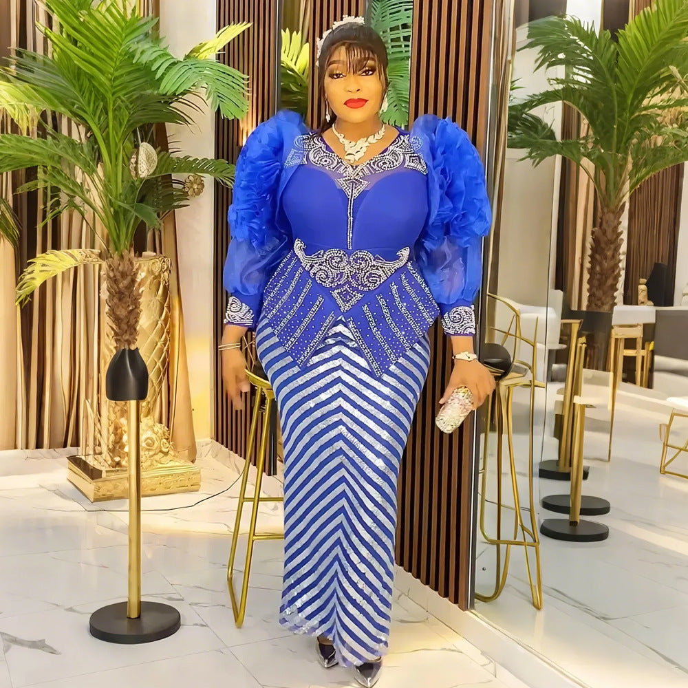 African Women's Plus Size High Waist Beaded Sequin Formal Party Dress 6