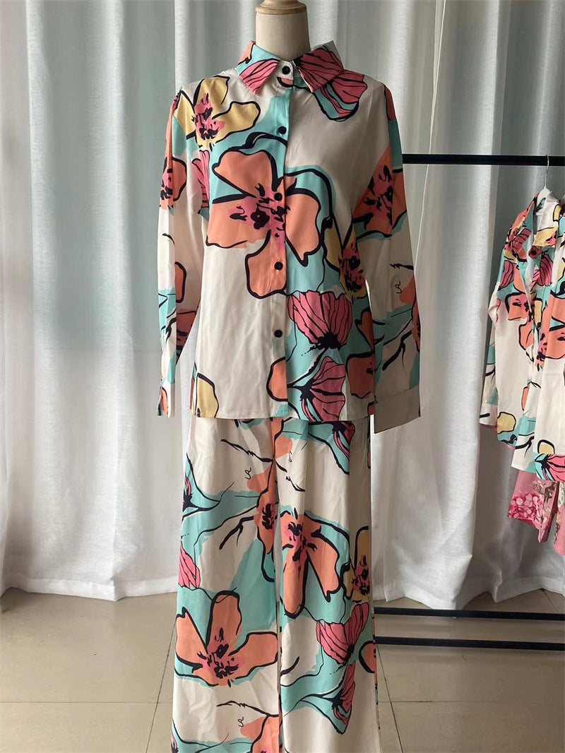 Chic Women's Plus Size Print Career Shirt High Waist Wide Leg Pants Two Piece Set 9