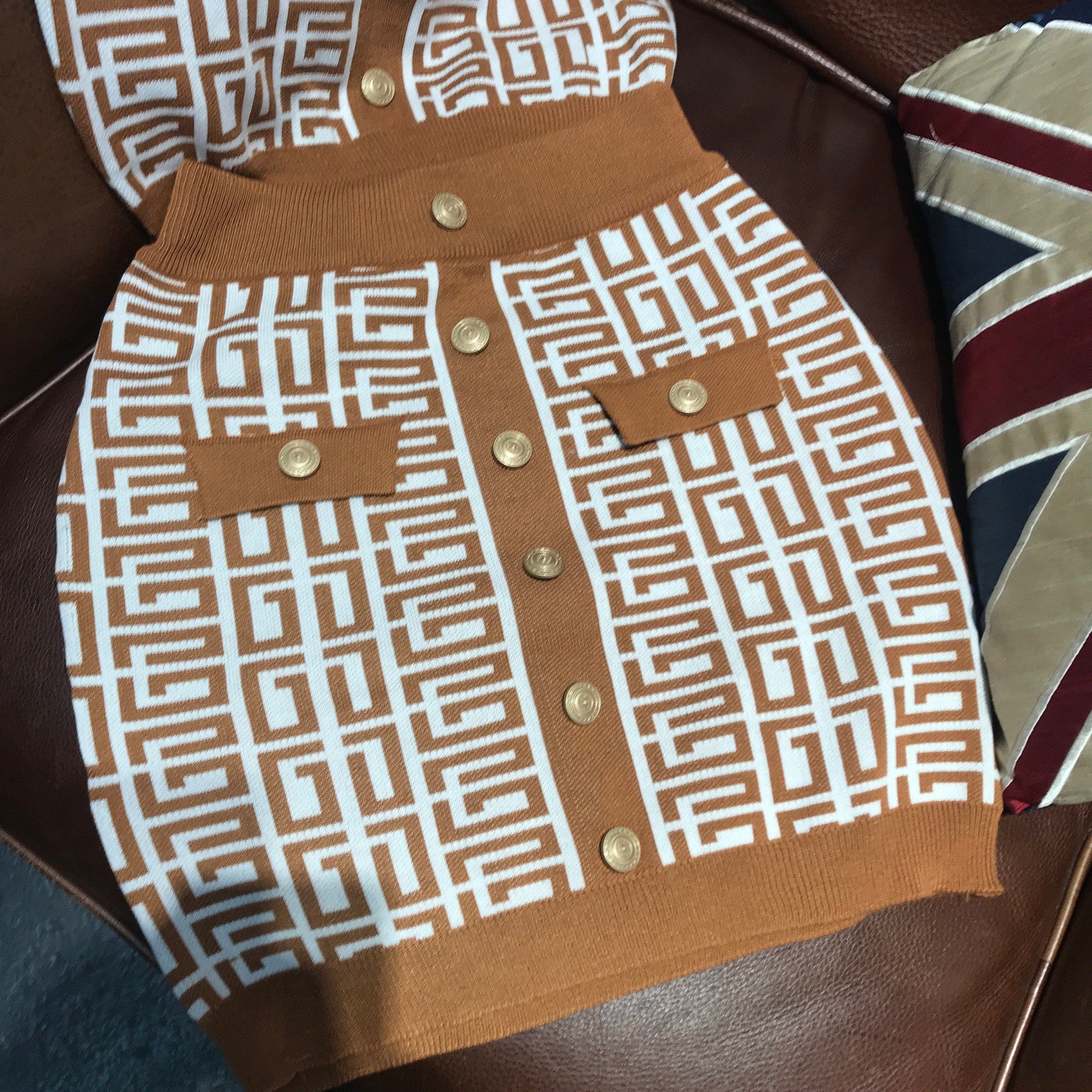 Women Round Neck Sleeveless Geometric Pattern Top and Skirt Two-Piece Set 32