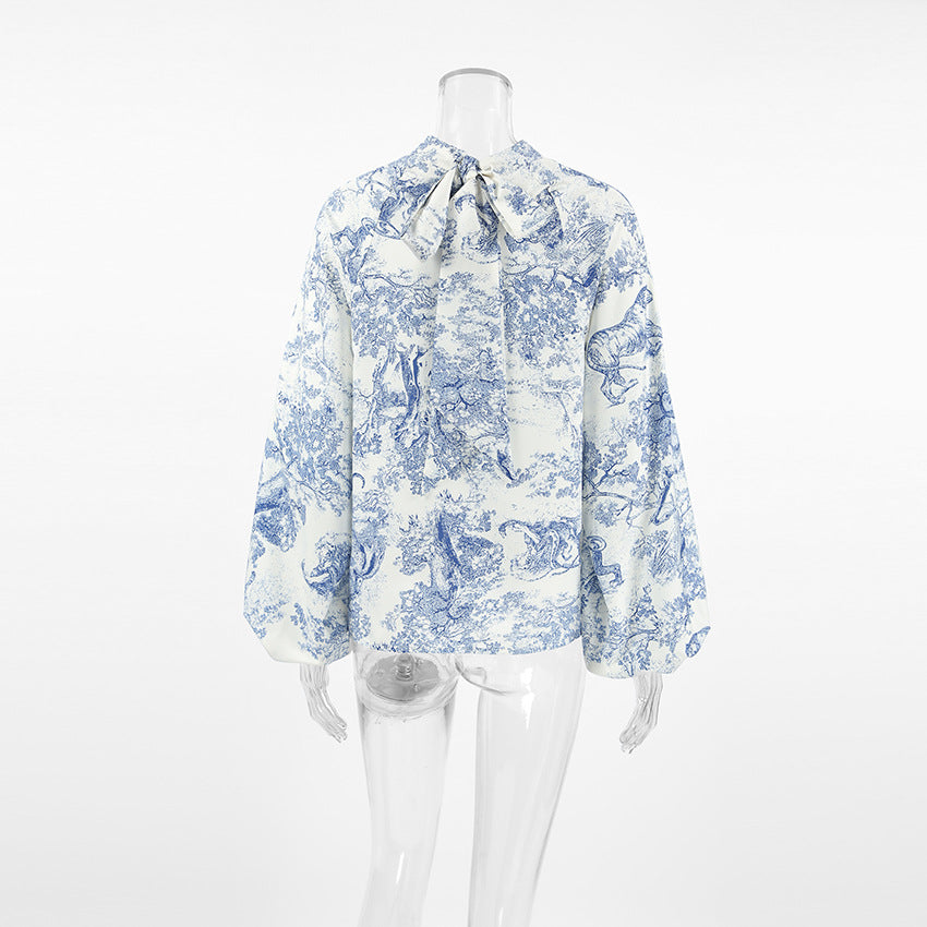 Women French loose lantern sleeves with flowing collar and printed tie shirt 8
