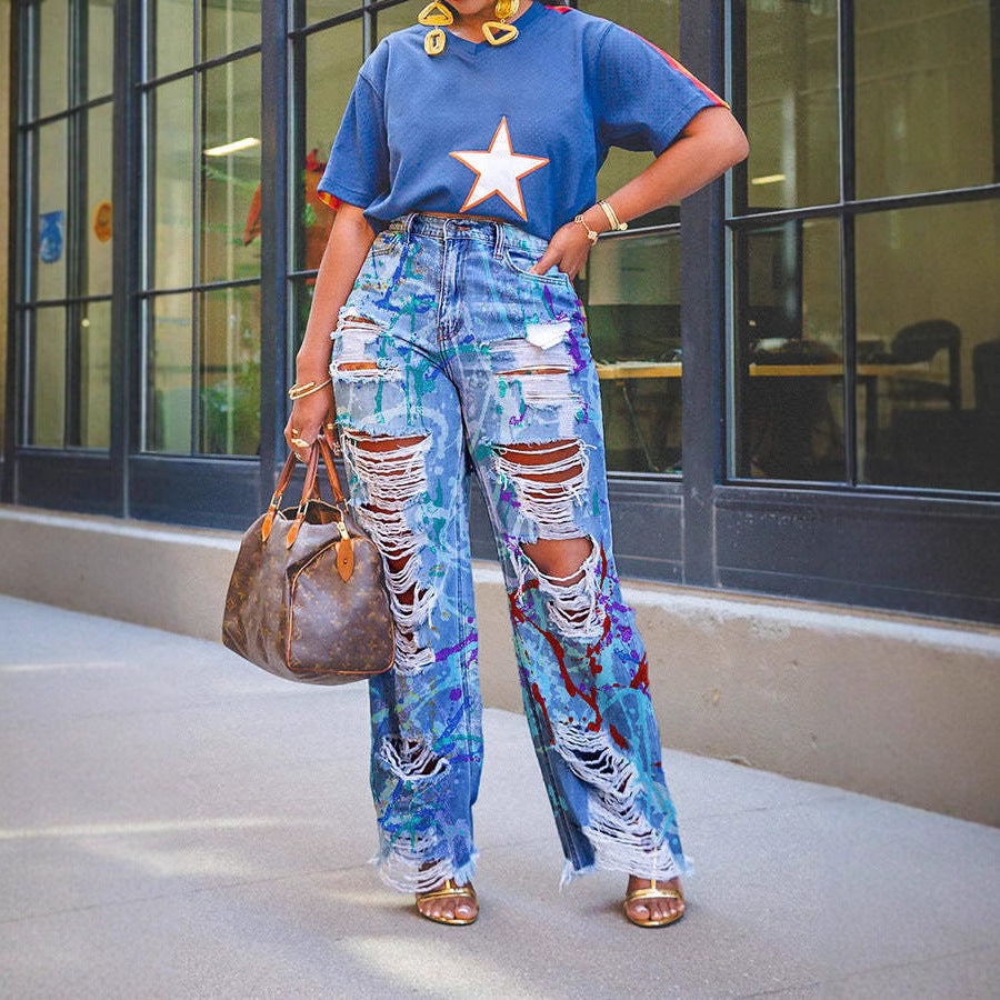 Summer Graffiti Print Ripped Straight-Leg Denim Pants