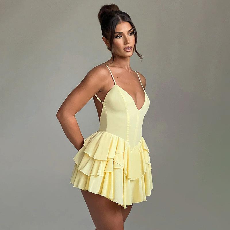 Women summer sexy Backless double-layer cake suspender skirt