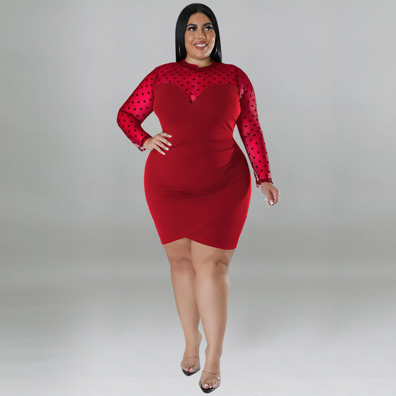 Plus Size Sexy Mesh Patchwork Long Sleeve Bodycon Nightclub Women'S Dress 7