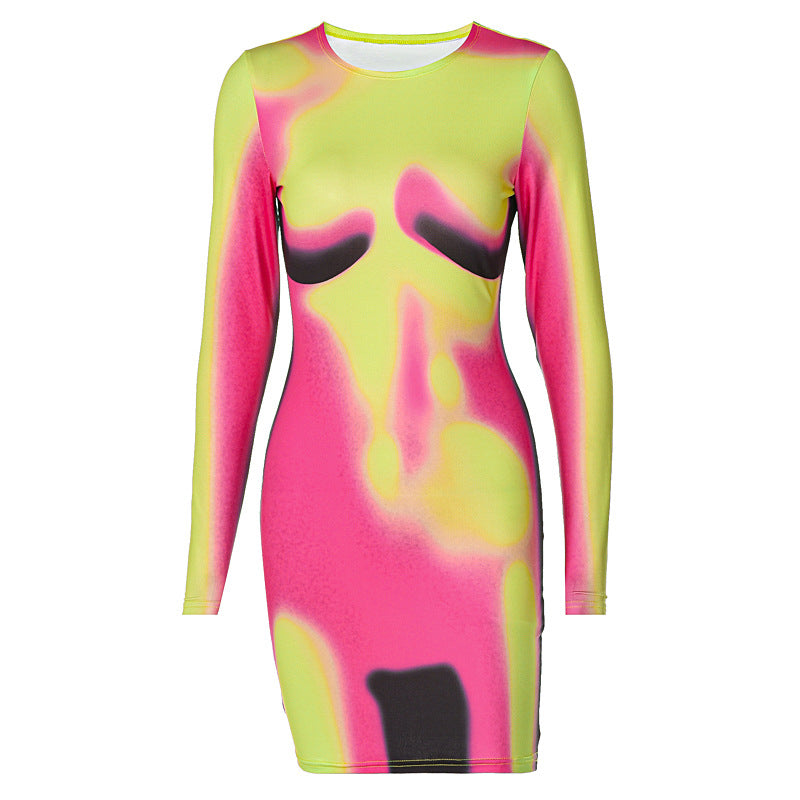 Women Spring and Summer Printed Round Neck Long Sleeve Bodycon Dress 6