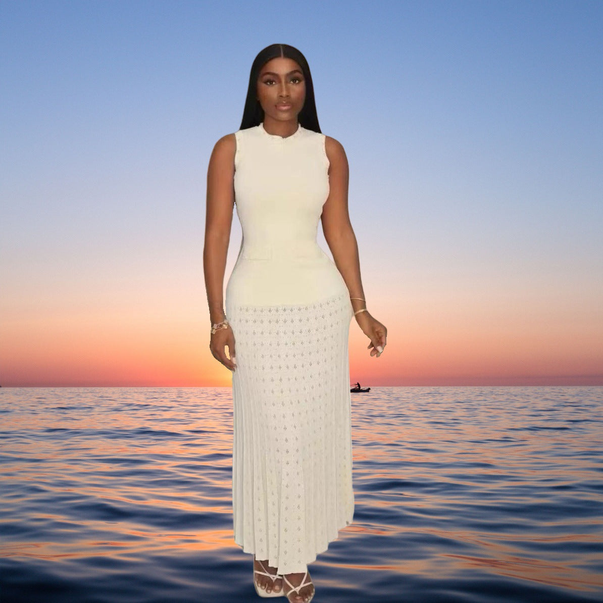 Women's Summer Beaded Sleeveless Knitting Long Dress 15