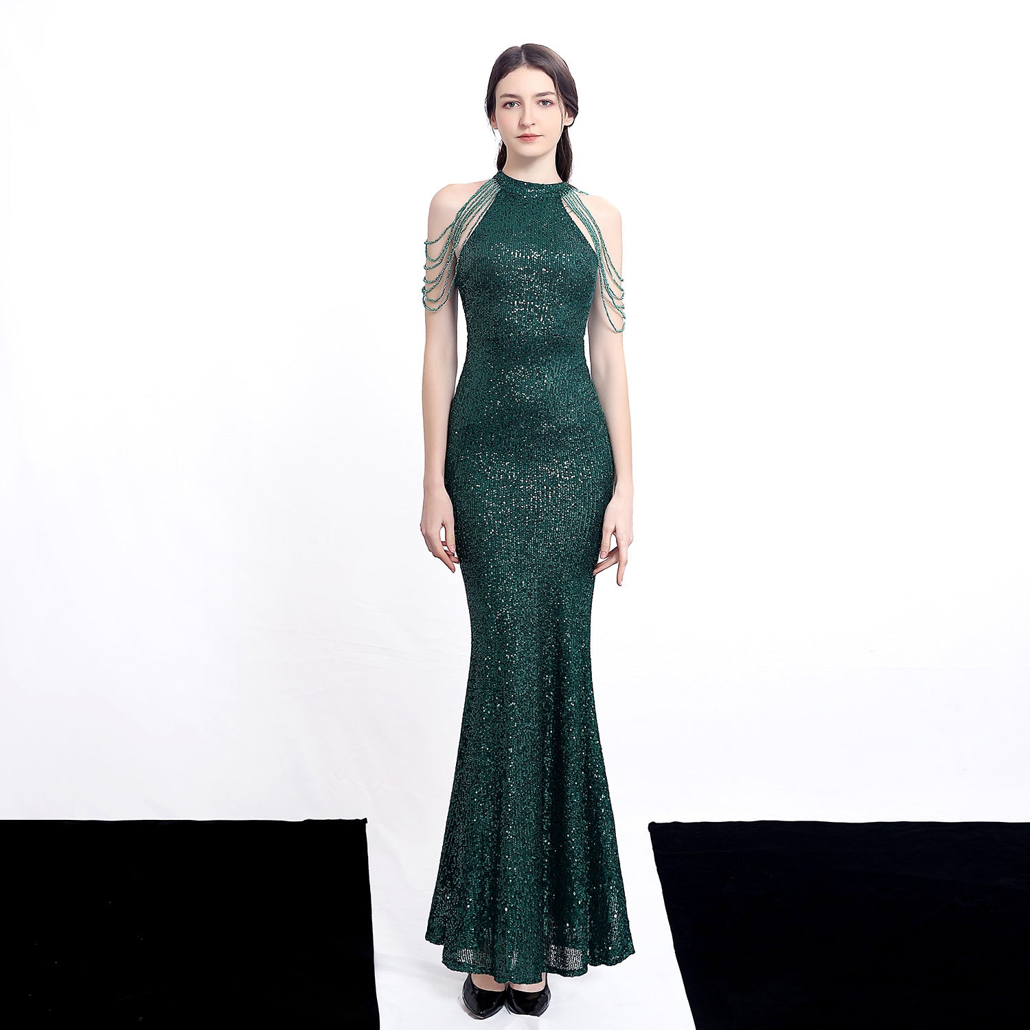 Women Elegant Long Halter Sequins Fishtail Evening Dress 4