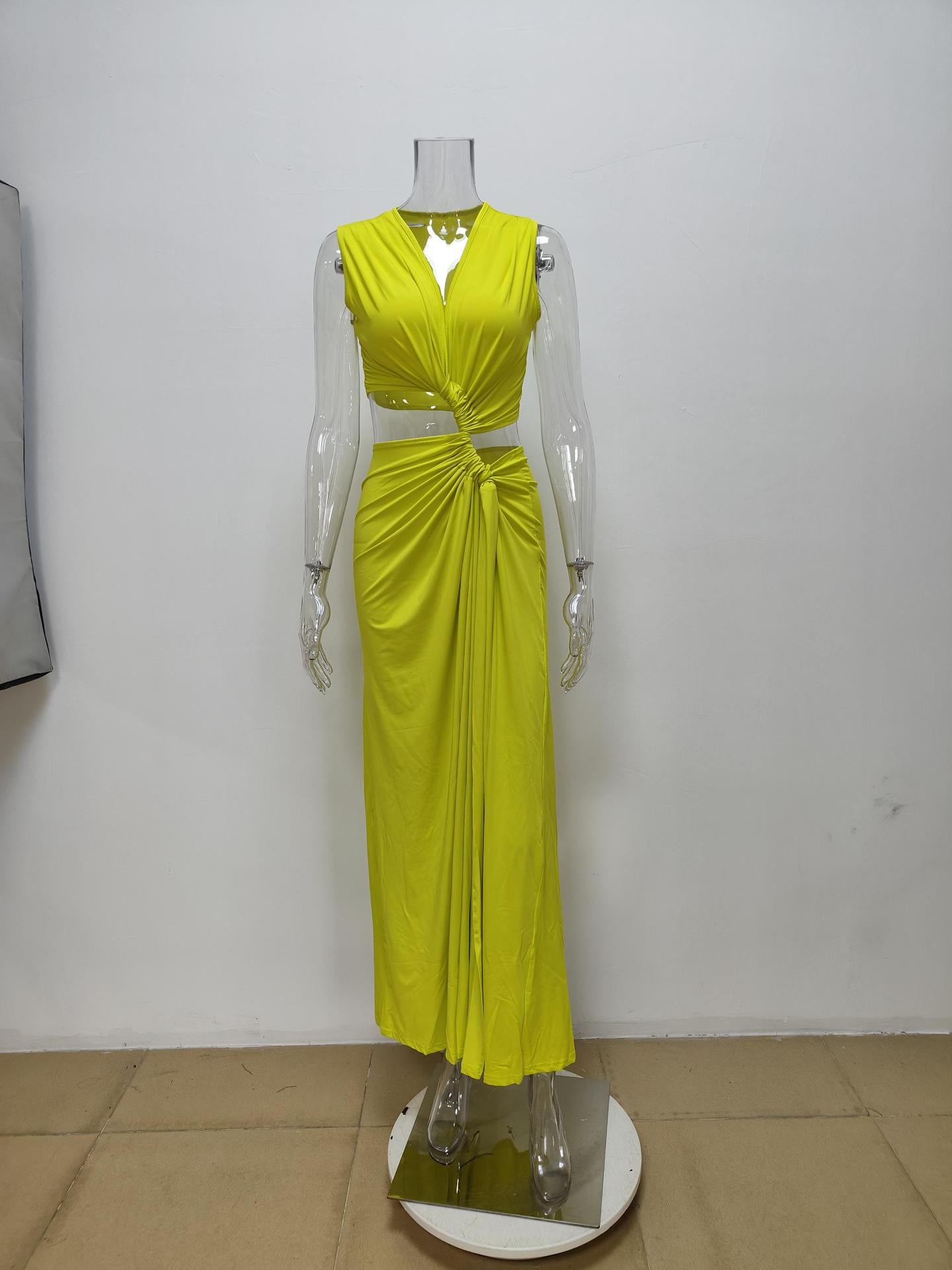 Women's Summer Hollow Knot Slit V-Neck Sleeveless Pleated Irregular Dress 10