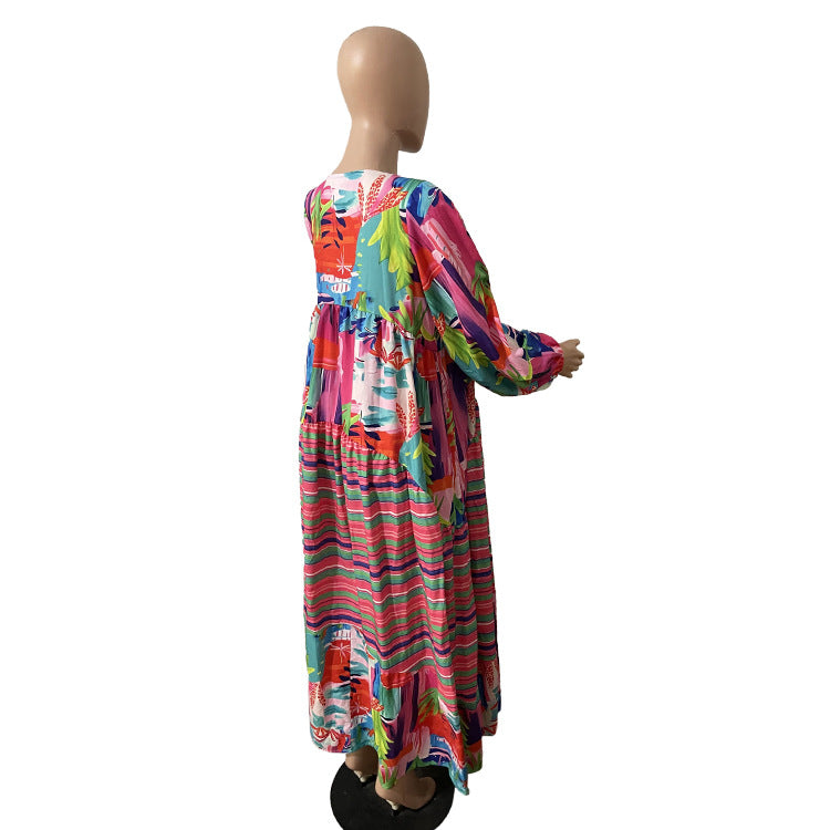 Women Vintage V-Neck Print Pleated Long Sleeve Loose Dress 6