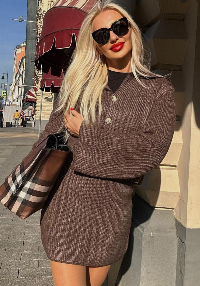 Autumn And Winter Fashionable Turndown Collar Bell Bottom Sleeve Cardigan Short Skirt Woolen Two Piece Set