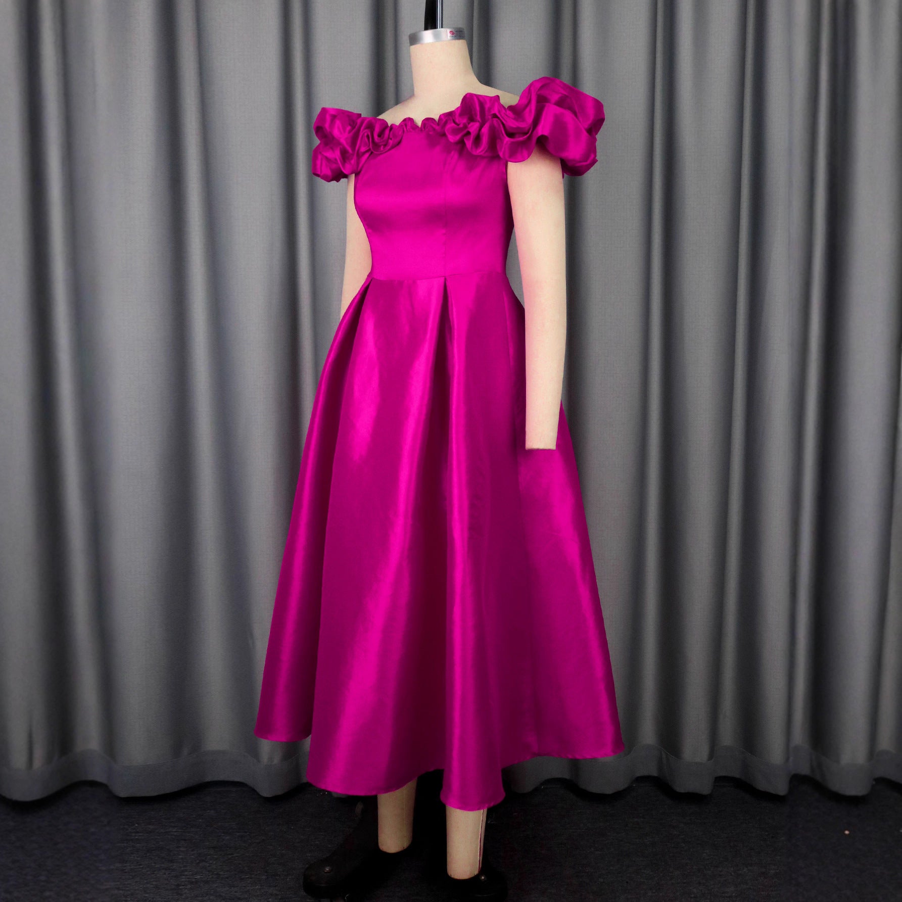 Sexy Off-Shoulder Ruffle Slim Waist A-Line Formal Party Wedding Bridesmaid Chic Midi Dress 4