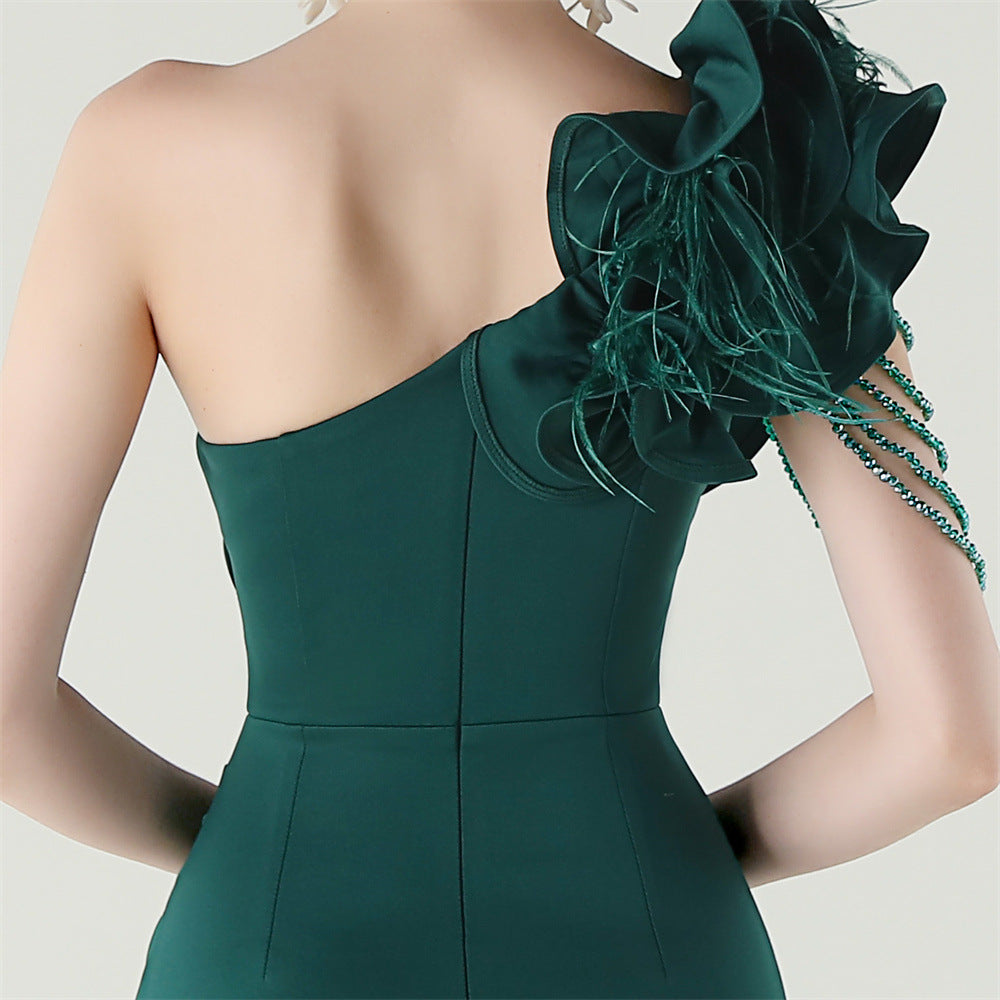 Women One-Shoulder Beaded Wool and Floral Satin Slit Sexy Evening Dress 72