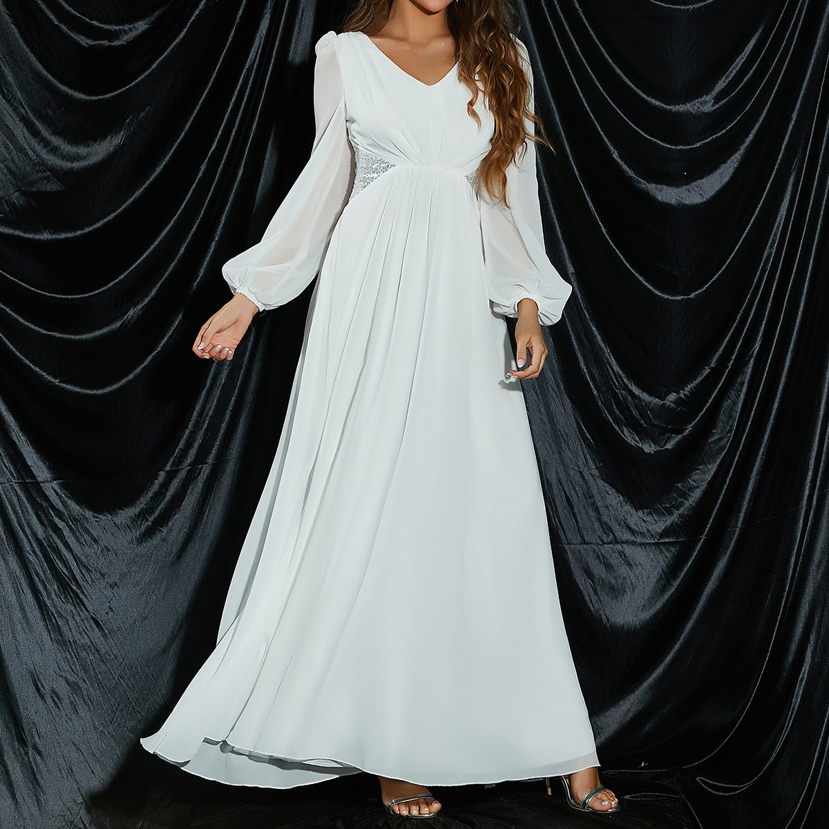 Women Solid Long Sleeve V-Neck Chiffon Formal Party Dress 7