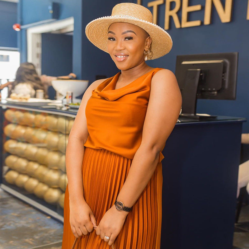 Women Summer Casual Solid Sleeveless Top and Pleated Skirt Casual Two-piece Set