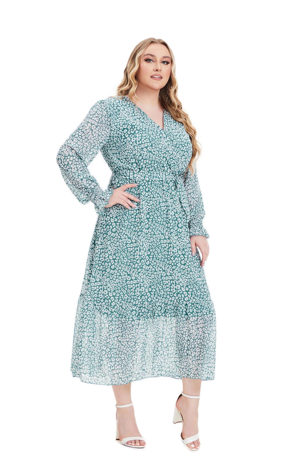Plus Size Women Fall Long Sleeve Floral Dress 9