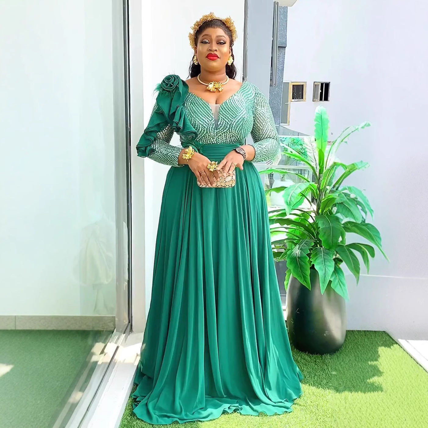 African Women's Clothing Plus Size Sequin Chiffon Flower Long Dress 7