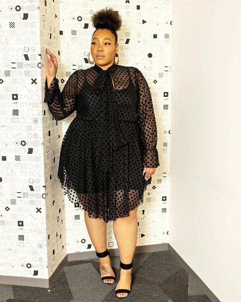 Women Long Sleeve Polka Dot Mesh Dress Two Piece (inside dress with breast pad)