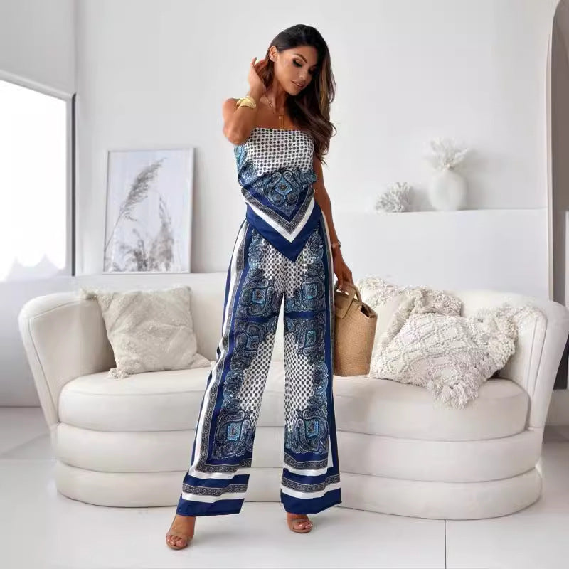 Fashionable Printed Strap Vest Wide Leg Pants Two Piece Set Women's Clothing 7