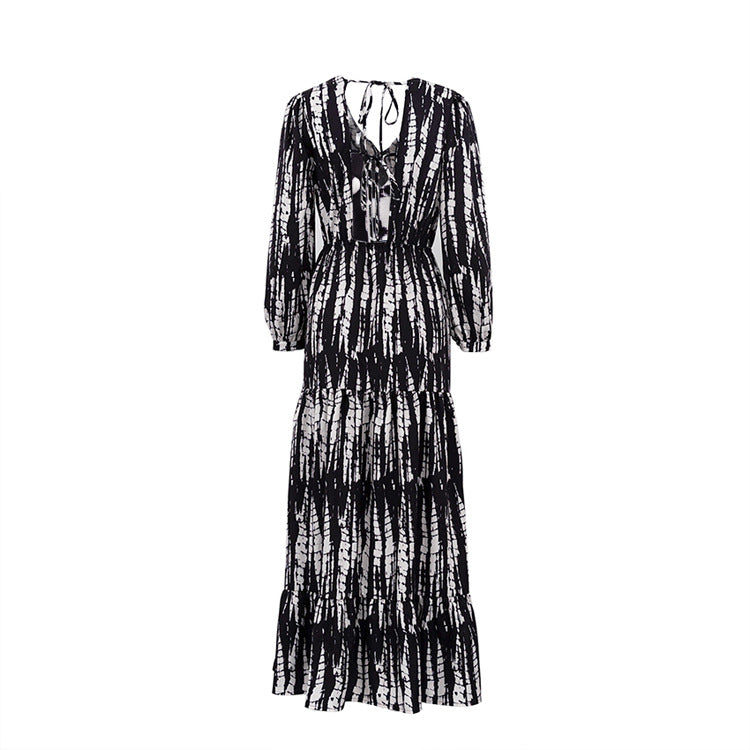 women's clothing 2023 new shirring layered large swing dress tie-dye printing V-neck sexy backless dress 8