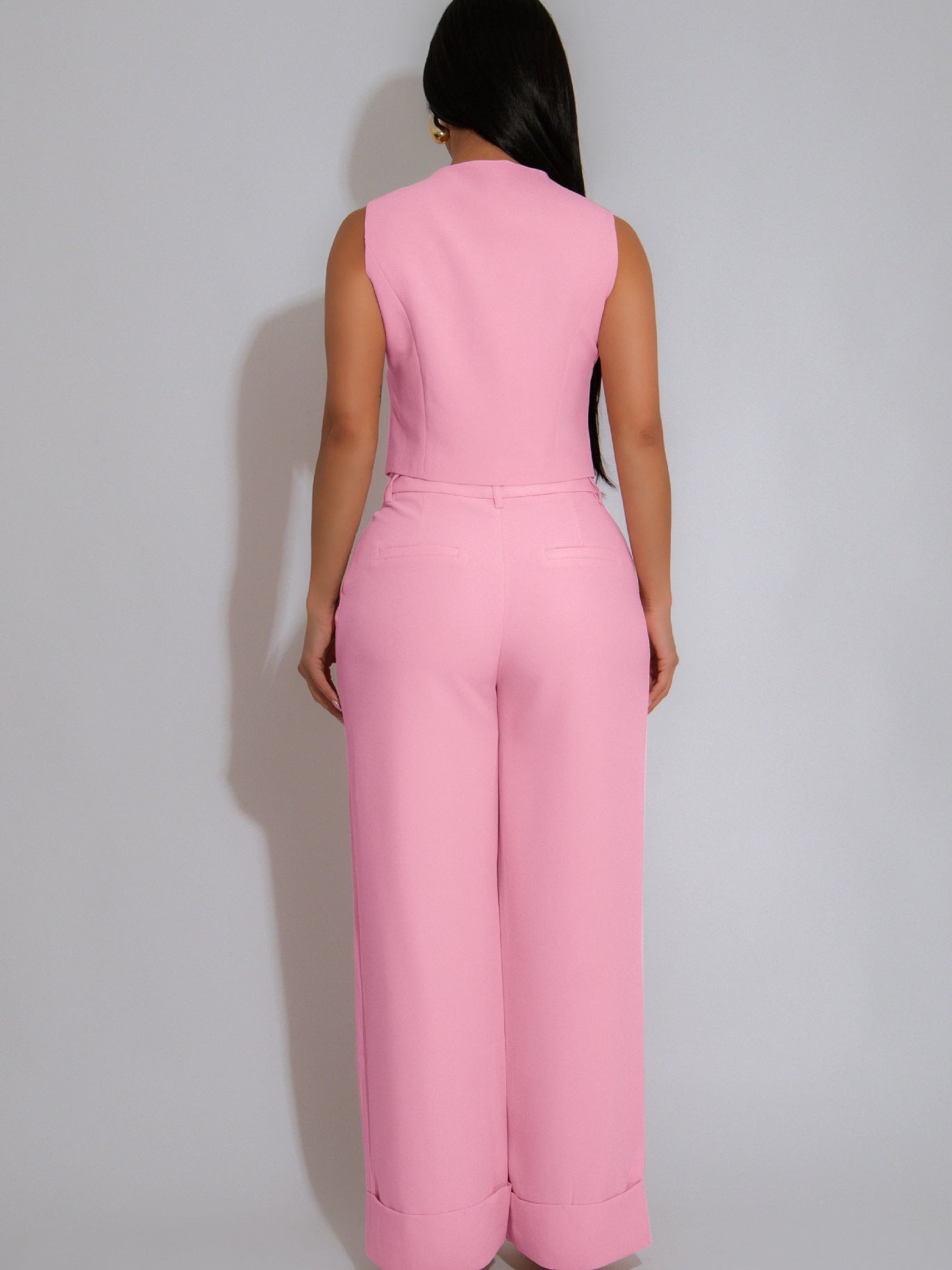 Women Solid Sleeveless V-Neck Vest Top Casual Wide Leg Pants Two-Piece Set 4