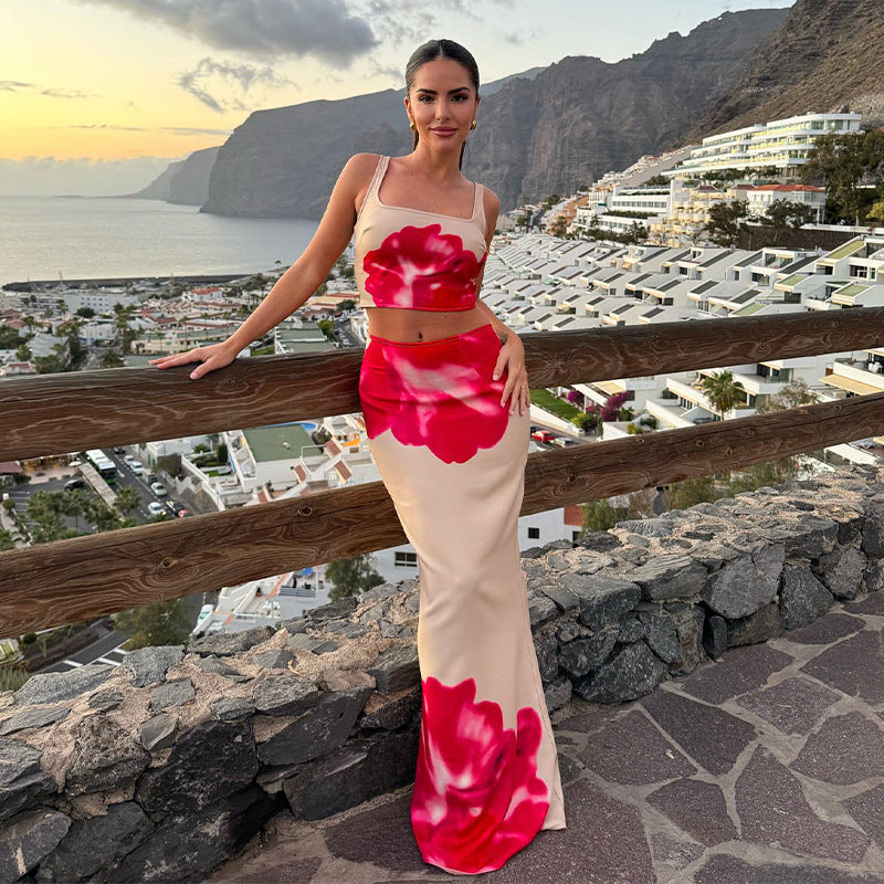 Women summer flower print sleeveless suspenders Crop Top and Long Skirt two-piece set 3