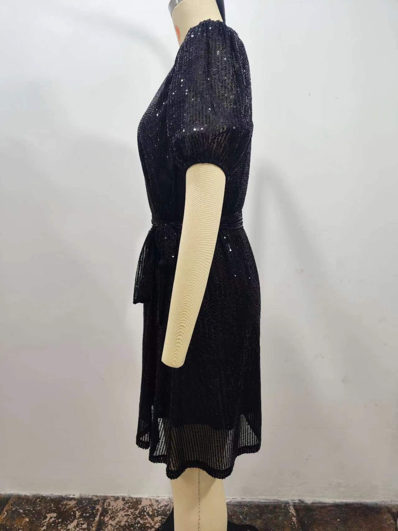 Women's Short Sleeve V Neck Sequin Mini Sequin Dress With Belt Glitter Cocktail Evening Dress 8