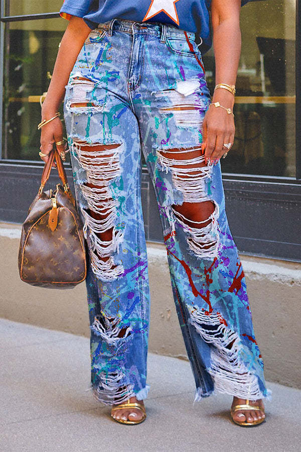 Summer Graffiti Print Ripped Straight-Leg Denim Pants 3