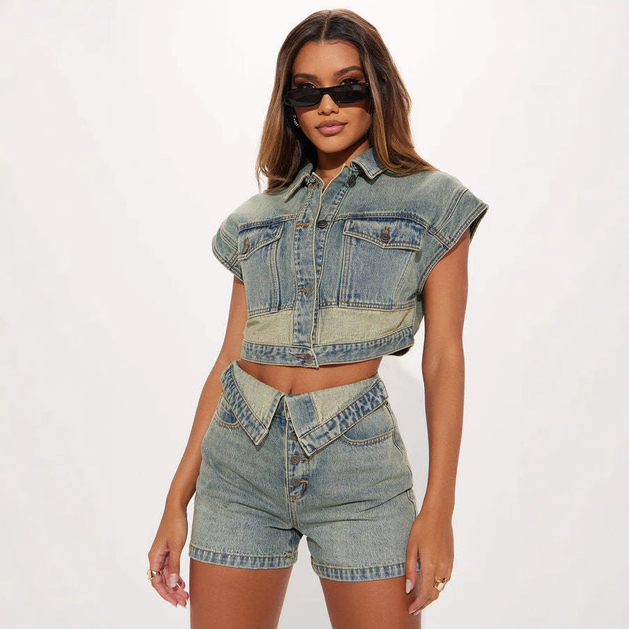 Women Casual Stretchy Denim Top and Shorts Two-Piece Set 3