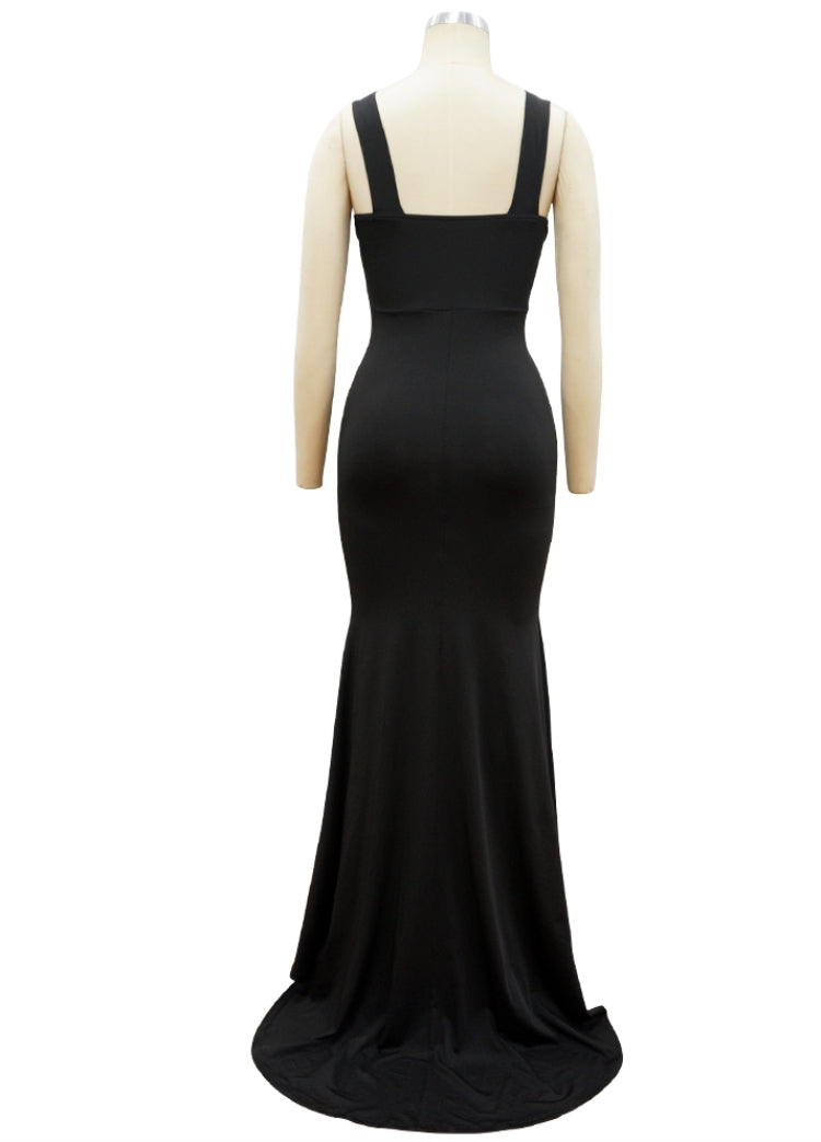 Women Summer Black Modest Strap Sleeveless Solid Silt Evening Dress 5