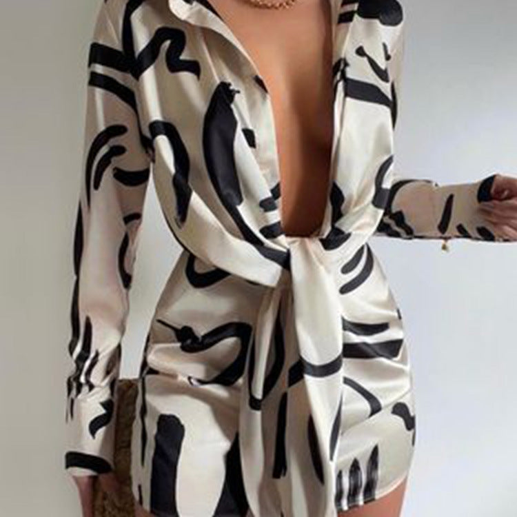 Women Spring Summer Long Sleeve Printed Shirt Dress