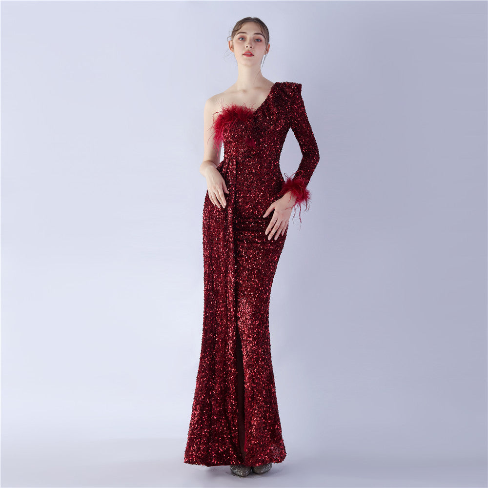 Sexy Slash Shoulder Feather Ruffle Long Sleeve Side Slit Sequin Evening Dress 6